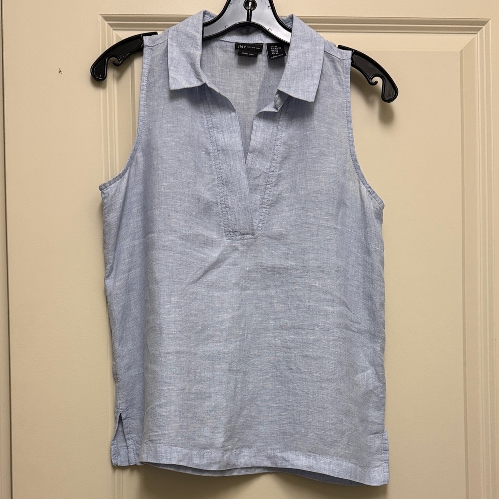 NYDJ Pale Blue Linen Collared Sleeveless Top